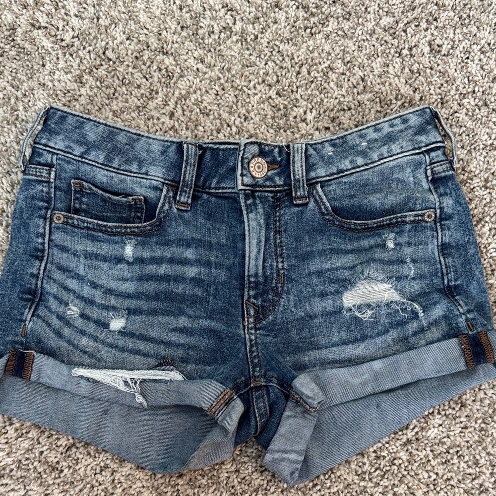 Express Blue Distressed Shortie Jean Shorts